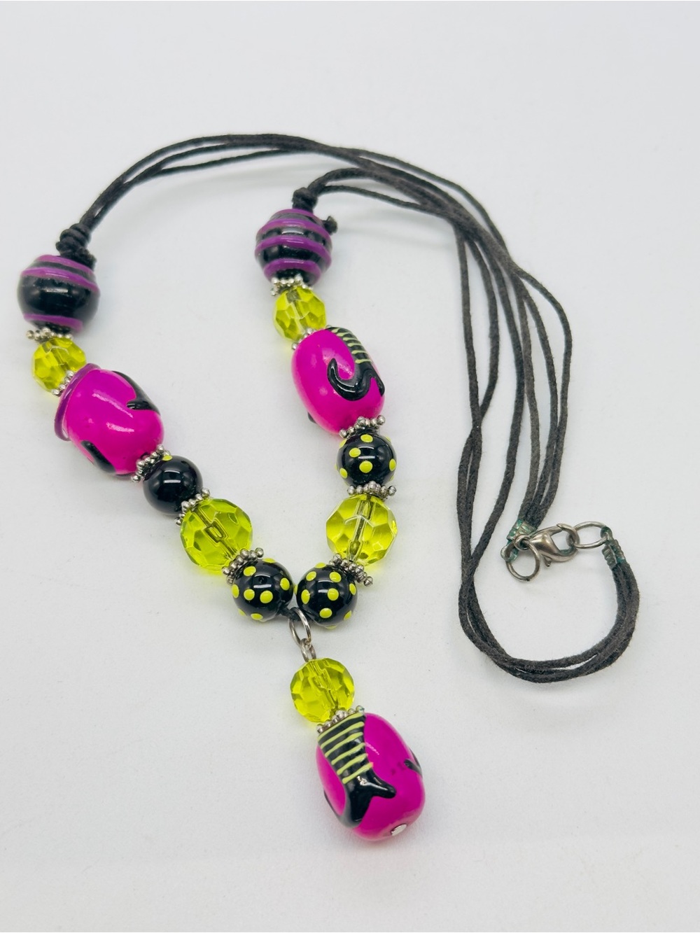 Art Glass Beaded Halloween Necklace Crystal Painted Green Purple Black Witch